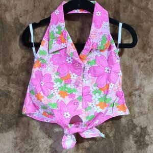 Pink Floral Tie-Front Halter Top 3T Inv 415